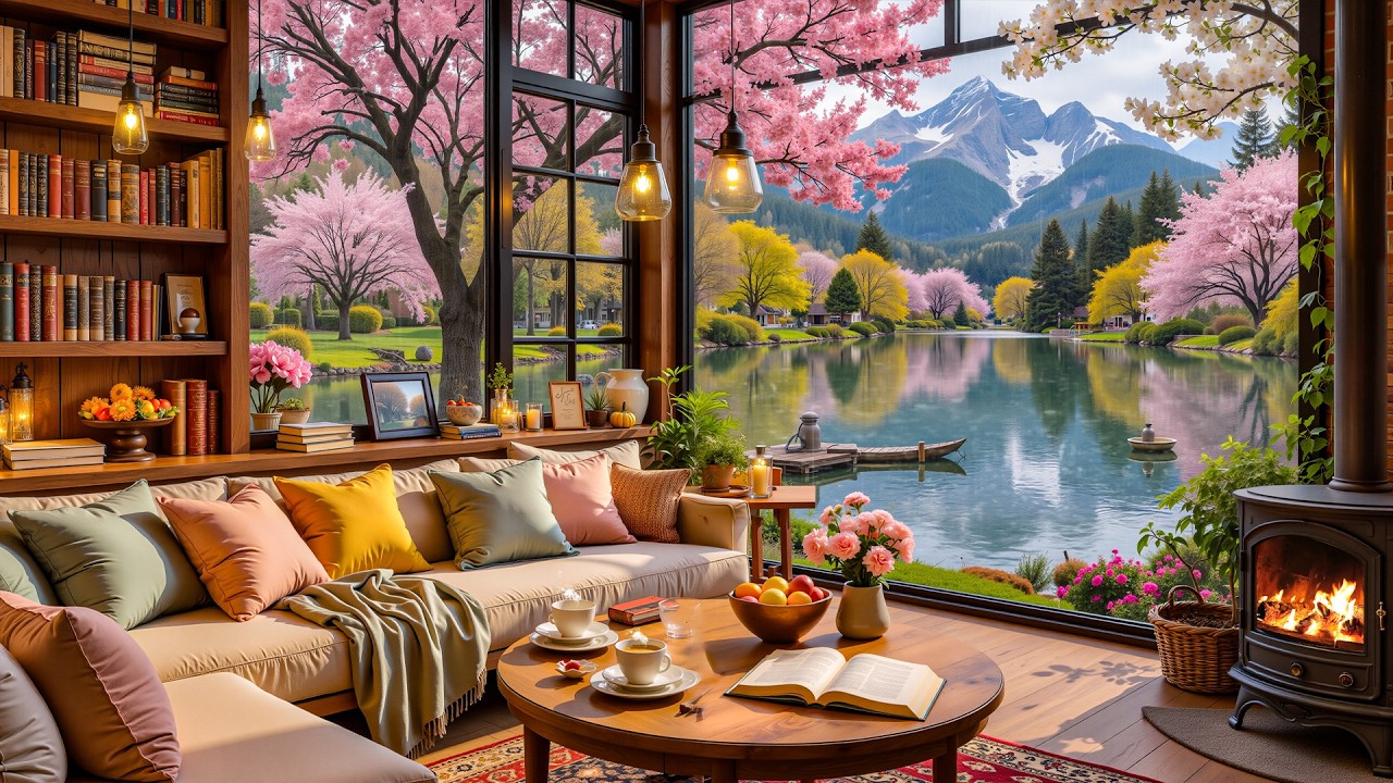 Spring Rain Coffeehouse Glow ☕🌧️ Soft Smooth Jazz Piano & Fireplace Ambience for Deep Focus