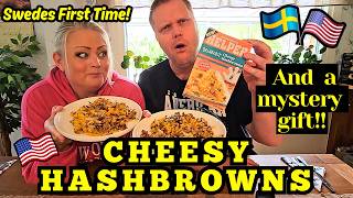 First time!! Swedish couple try Hamburger Helper Breakfast Cheesy Hashbrowns and open a mystery box!