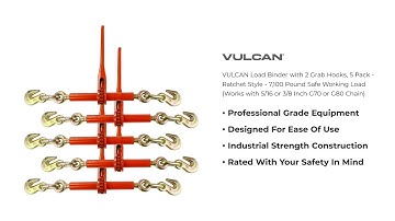 VULCAN Load Binder with 2 Grab Hooks, 5 Pack - Ratchet Style - 7,100 Pound Safe Working Load