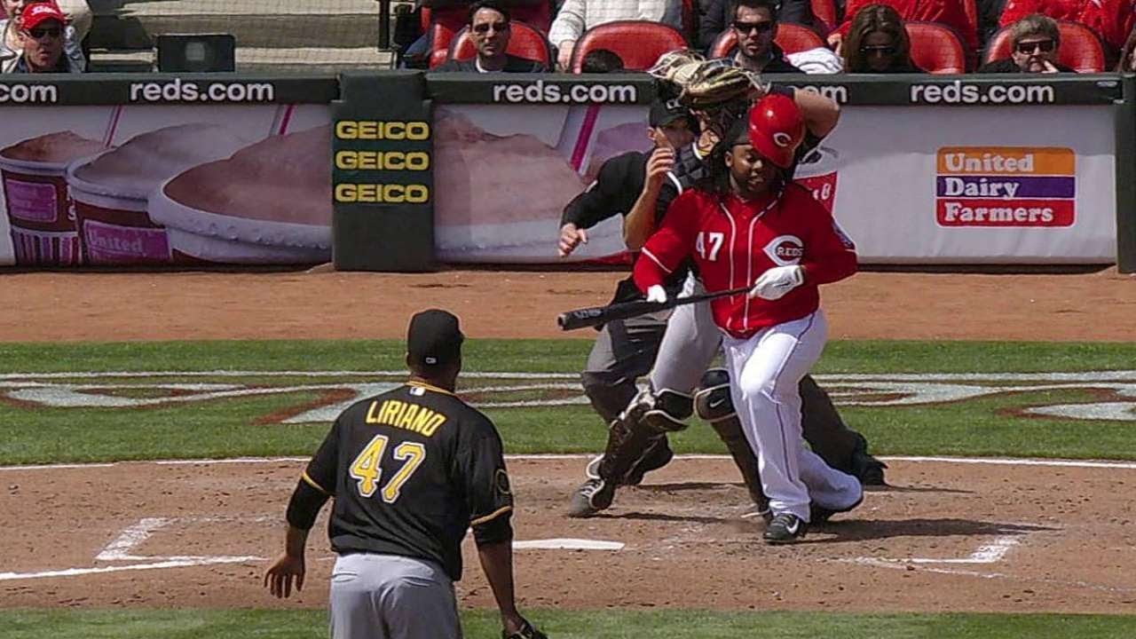PITCIN Cueto bunts, out on batter interference YouTube