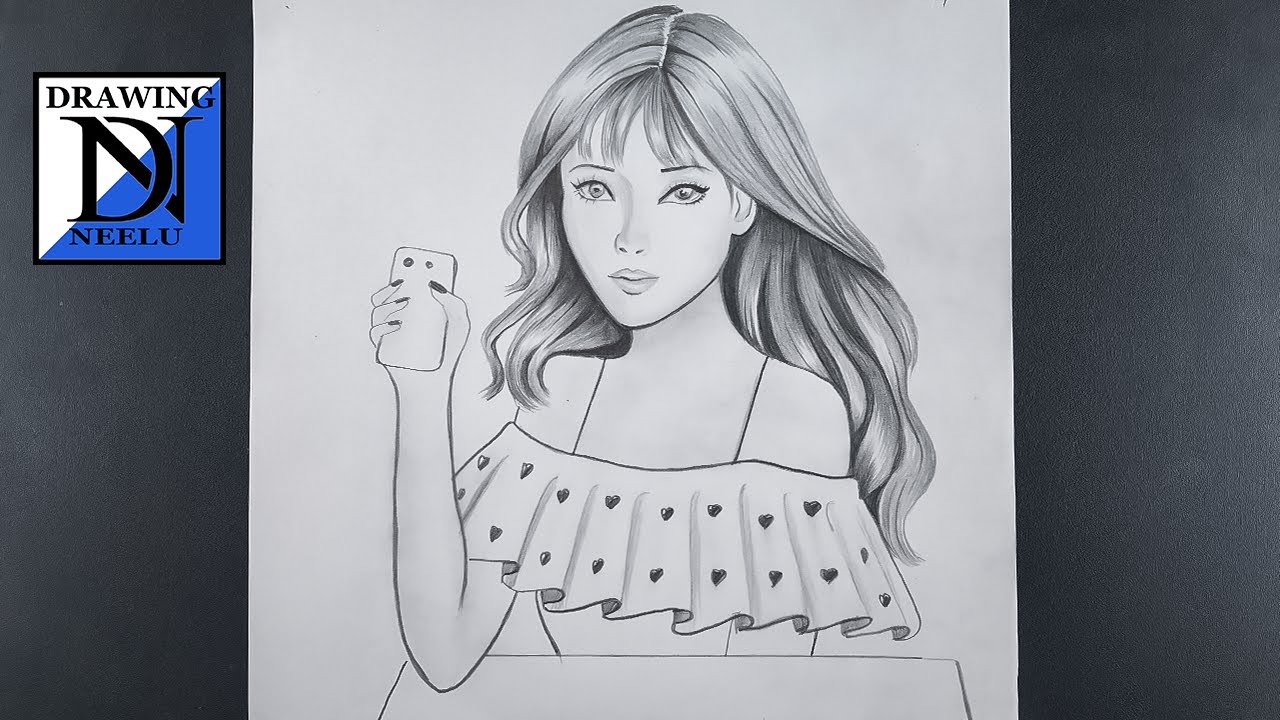 How to draw a girl with mobile Drawing of girl Easy drawing for