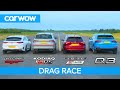 Skoda vRS v Audi Q3 v Ford Focus v Kia GT -  THE carwow garage DRAG RACE, ROLLING RACE & BRAKE TEST