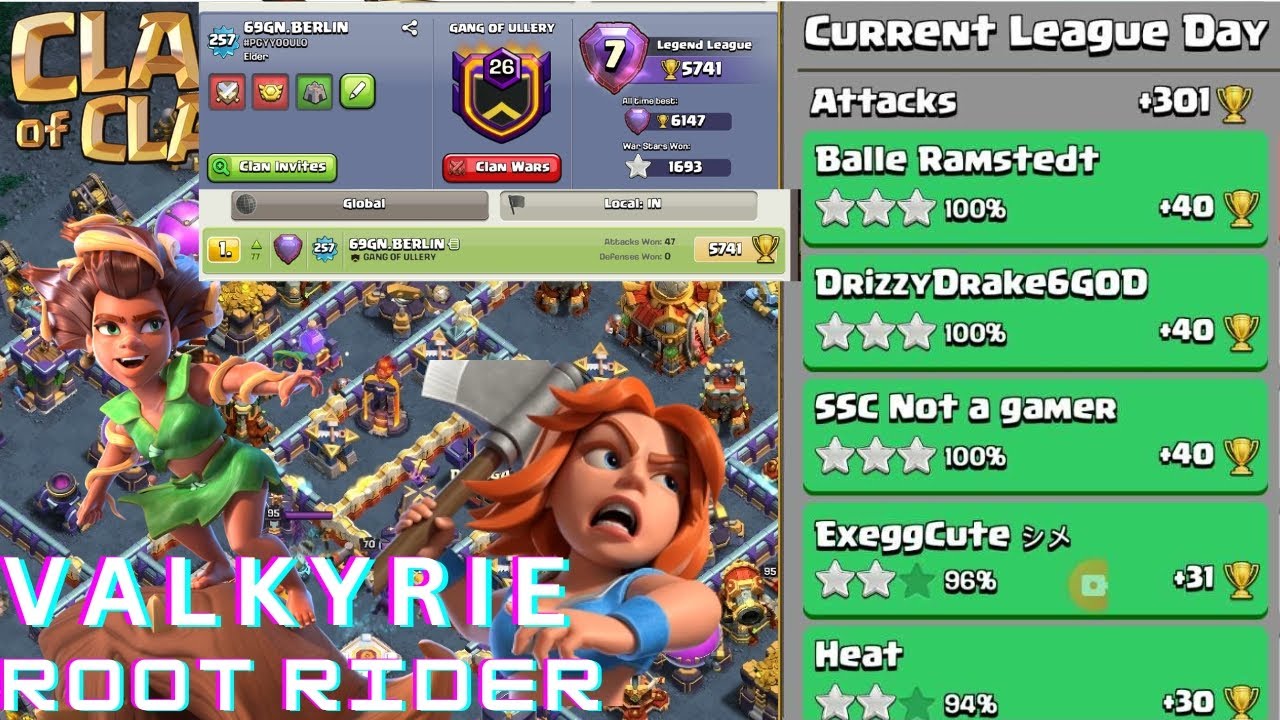 DAY 6 OF PUSHING | ROOT RIDER AND VALKYRIE +300 #clashofclans ...