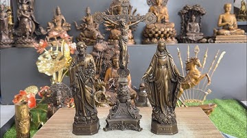 Bộ tượng Công Giáo đồng đẹp – Quan Âm đồng tử – Rồng phun châu – Hoa sen đồng