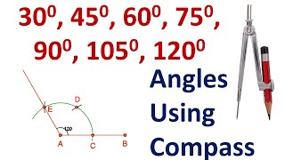 Construction of Angles of 30, 45, 60, 75, 90, 105 & 120 Degrees | Using Compass | With Animation
