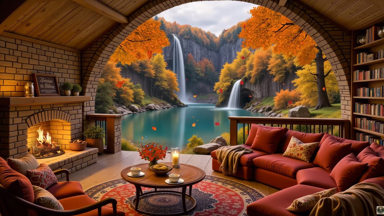 Autumn Lake Cabin with Waterfall View 🍂 Relaxing Piano Music, Cozy ...