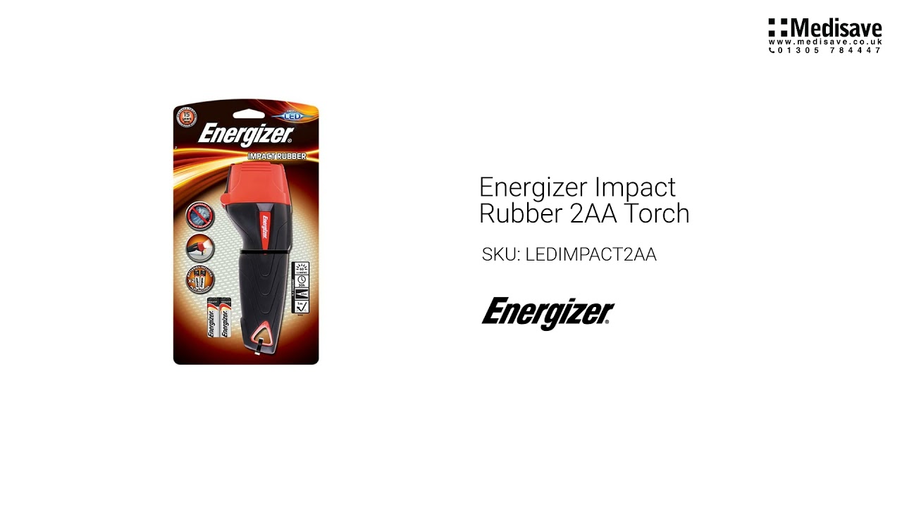 Torche Energizer Impact Rubber 2AA Noire - Robuste Et Étanche, 28 Lumens, 16 Heures D'Autonomie