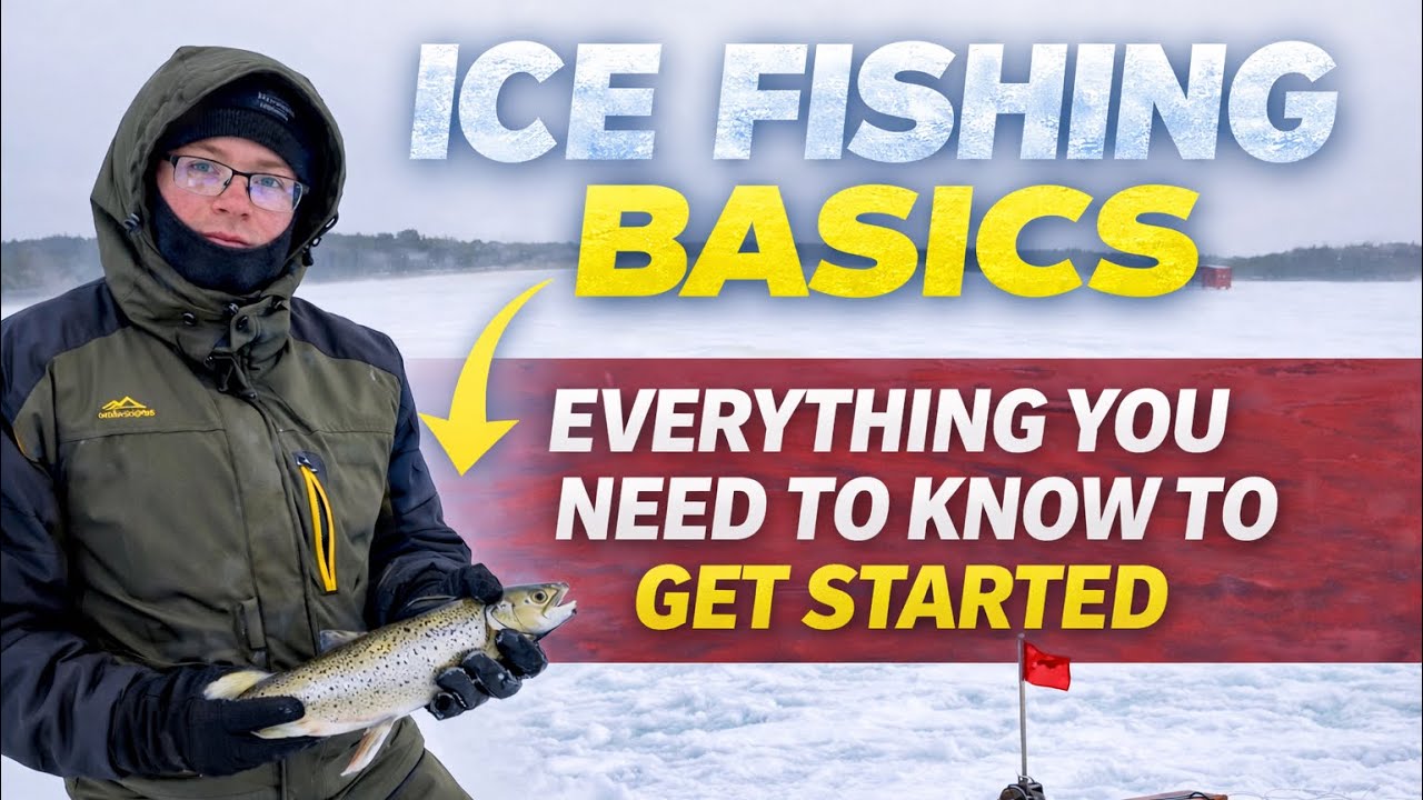 A guide explaining the ice fishing basics on a frozen lake.