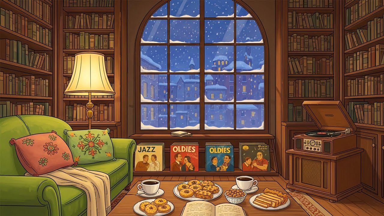 oldies playing in another room on a winter storm morning, New York City, 1940s, in a bookstore