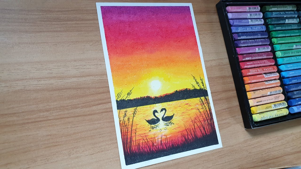 Easy Oil Pastel Drawing for Beginners step by step | Two Swans on a Sunset