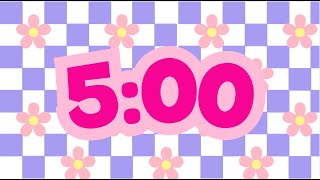 🌸 Aesthetic 5 Minute Countdown Timer | Floral & Cute Checkered Background