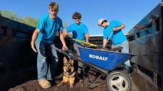 Spreading mulch with a 5 man crew!!