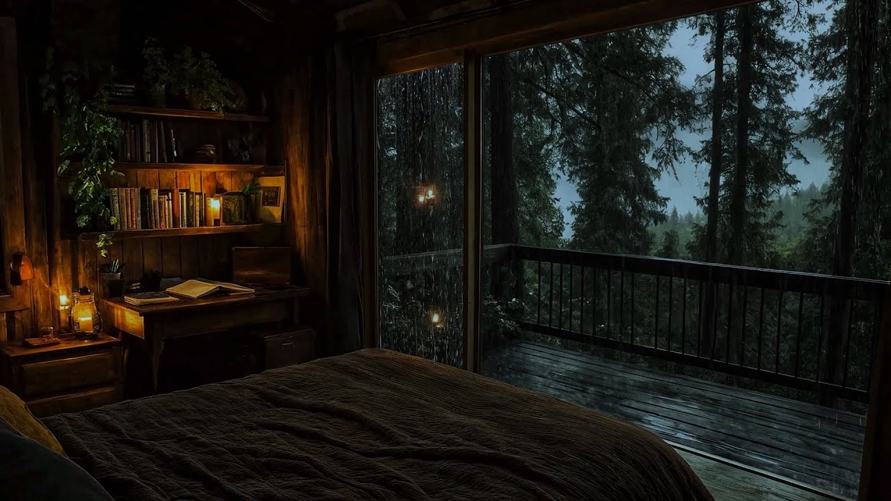 Adormecer Sob a Chuva da Floresta • Cabana de Madeira Acolhedora & Luzes Quentes Reconfortantes