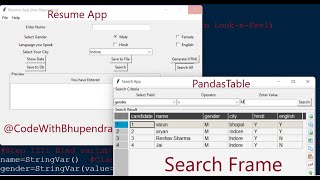 Python Tkinter Video-6 Resume App -Search Frame using Pandastable and SQLAlchemy and MySQL database