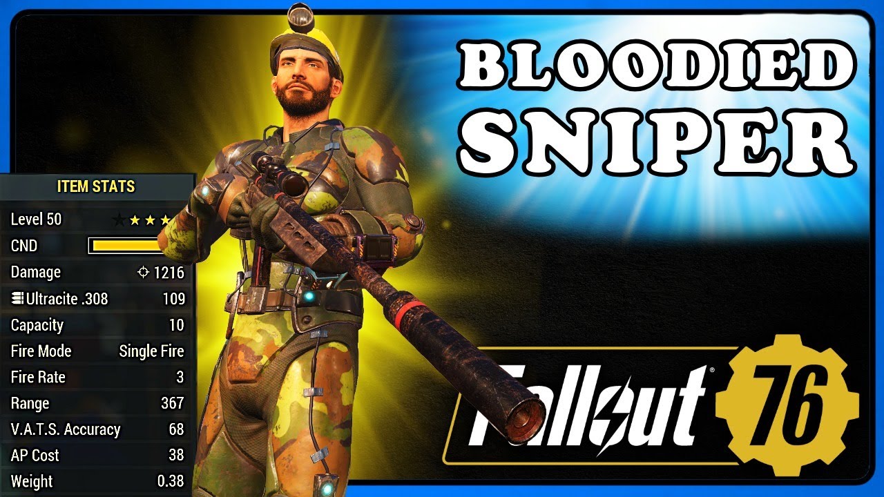 Fallout 76: Bloodied Sniper. One Shot Kill, 10k DMG per Shot. Hunting ...