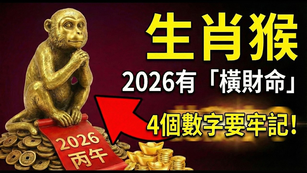 老天爺終於開眼了！生肖猴，2026年竟有「橫財命」？只要記牢這4個數字，偏財擋都擋不住！#2026屬猴運勢 #生肖猴2026運勢 #橫財 #偏財運 #幸運數字 #招財數字 #2026馬年 #財運