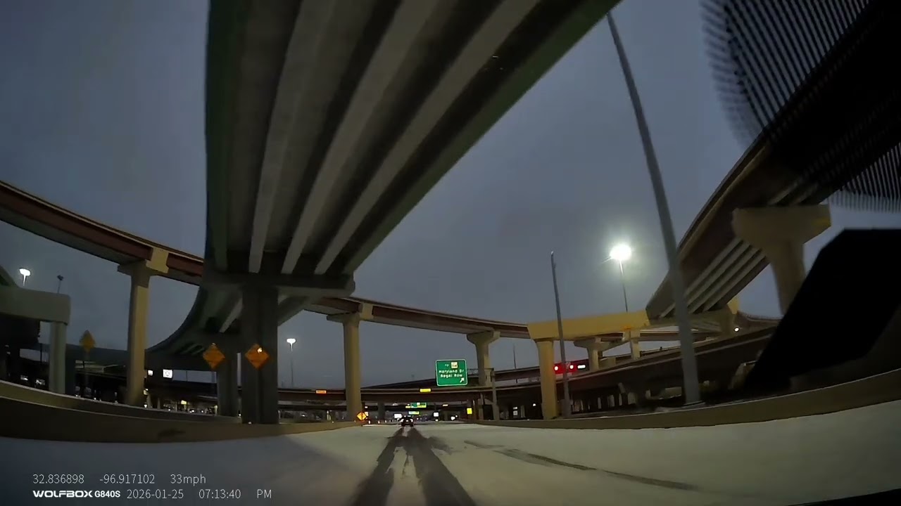 A 180 skid: Hazards of driving in Icy Texas road: dashcam Rear and Front (uncut)