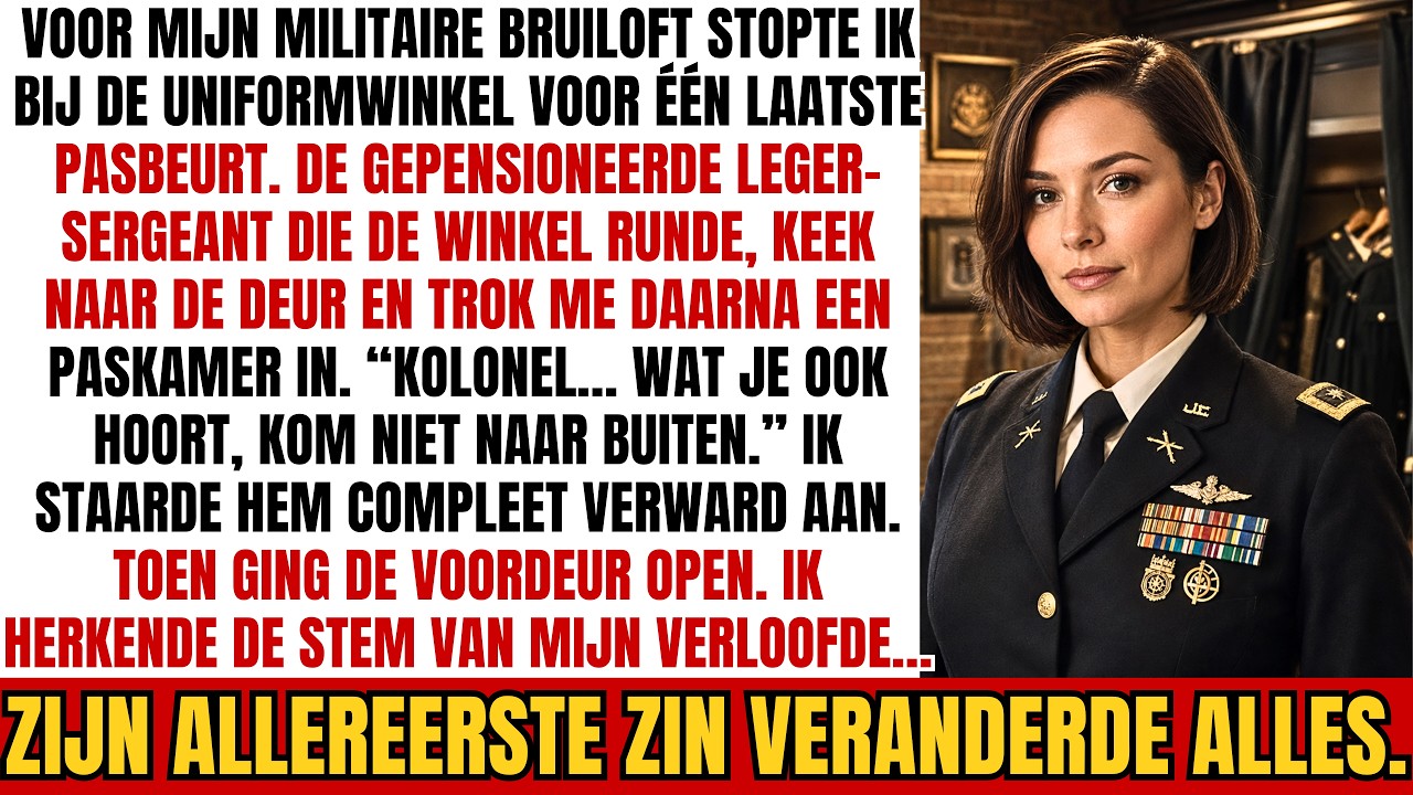 Ik stond in mijn gala-uniform in de paskamer van een militaire kleermaker, één mouw nog vastgespeld, toen de gepensioneerde sergeant mij naar binnen duwde en fluisterde: “Wat u ook hoort, kom niet...