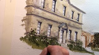 Painting a country house in watercolour  step by step.