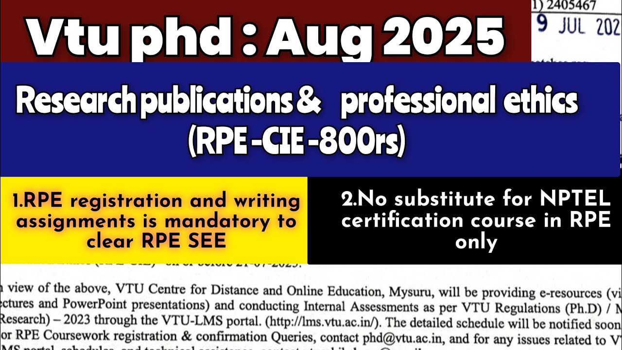 RPE notification|800 rs|vtu phd|registration fee|cie is compulsory|assignment|nptel replacememt