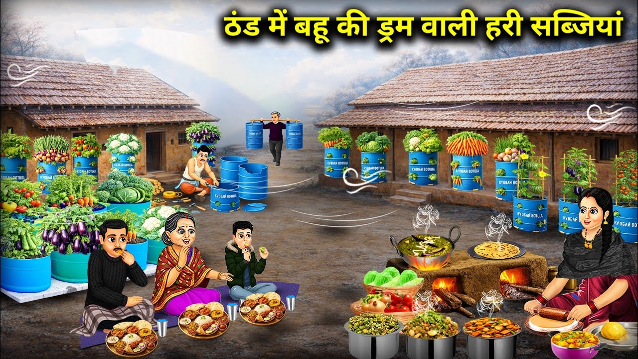 ठंड में बहू की ड्रम वाली हरी सब्जियां | Daughter-in-law's drum-cooked green vegetables|Cartoon Video