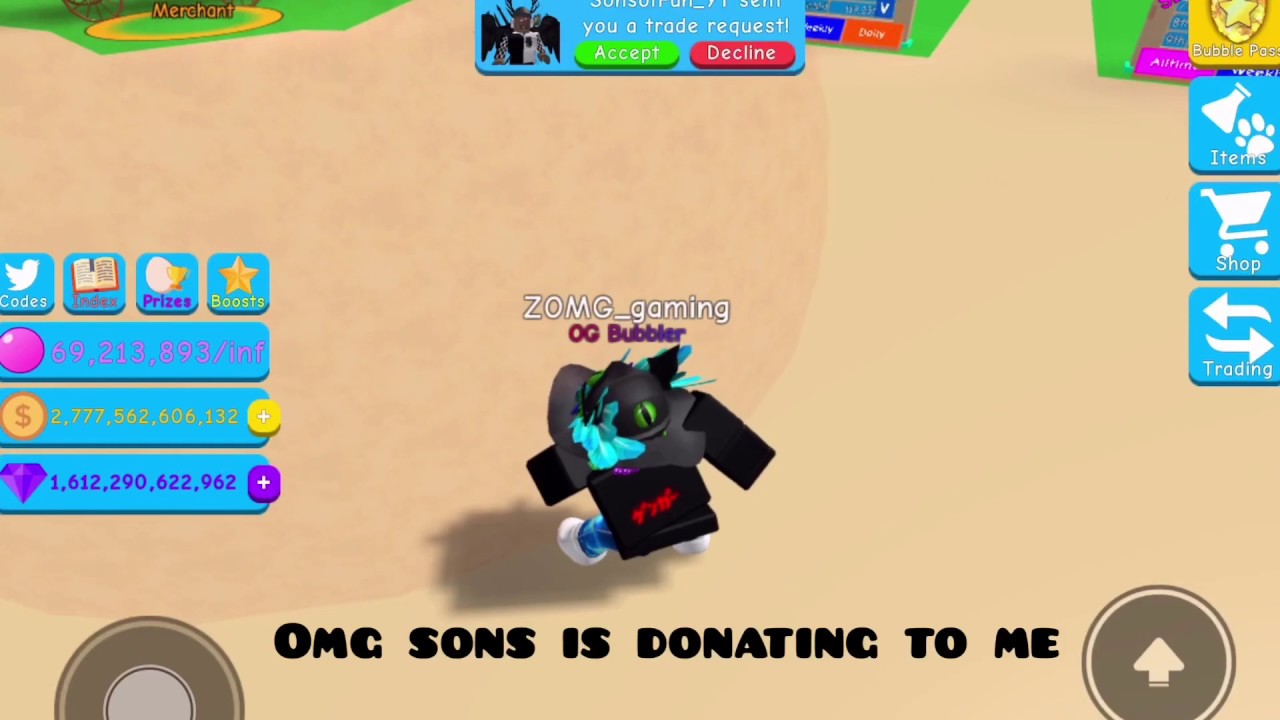 Sons of fun donating 2 shiny secrets to me OMG (TOTALLY LEGIT) | Bubble Gum Simulator