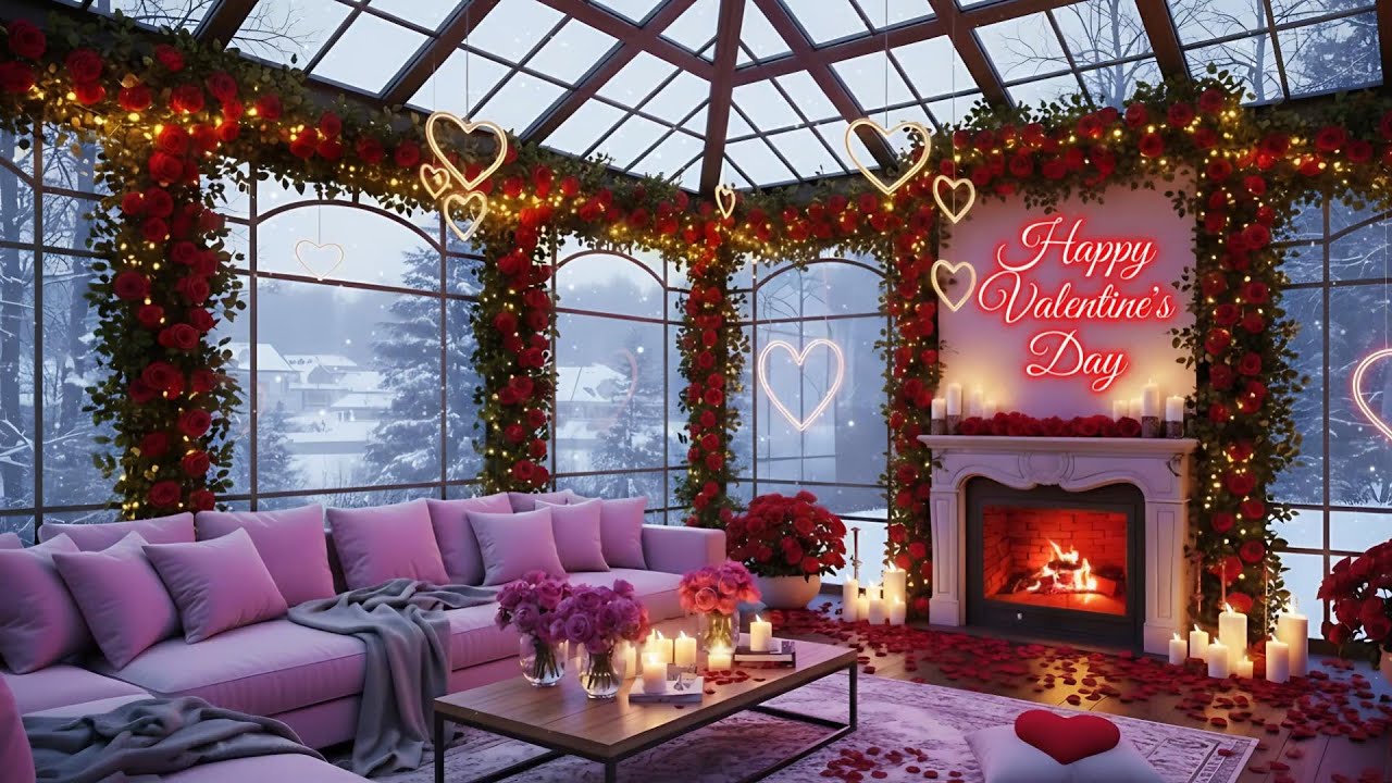 Pink Valentine Snow Porch 💕🎷🔥 Soft Winter Jazz & Crackling Fire Sounds for Focus, Chill
