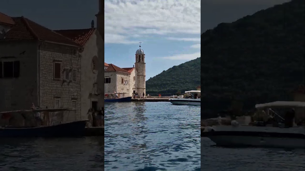 Church of our Lady from a boat, Perast,  Bay of Kotor, Montenegro