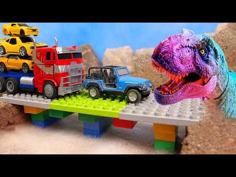 T-rex, Devastator & Yellow Bumblebee Stop Motion: TRANFORMERS ANIMATION TOYS Build a concrete bridge