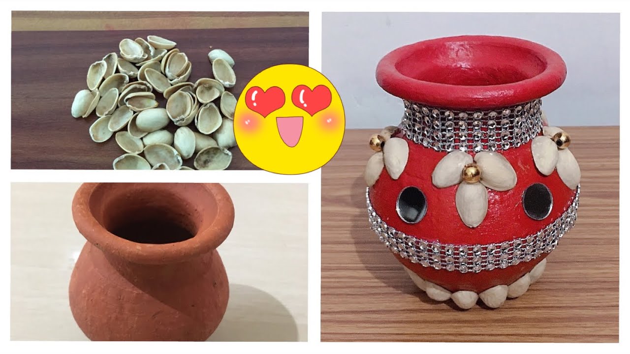 DIY clay pot  decoration idea  with pista shells  YouTube