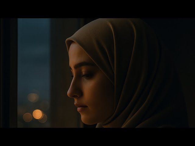 A young Muslim woman in a beige hijab sits by her bedroom window at night, tears glistening on her cheeks as she gazes toward the stars in reflection and longing.