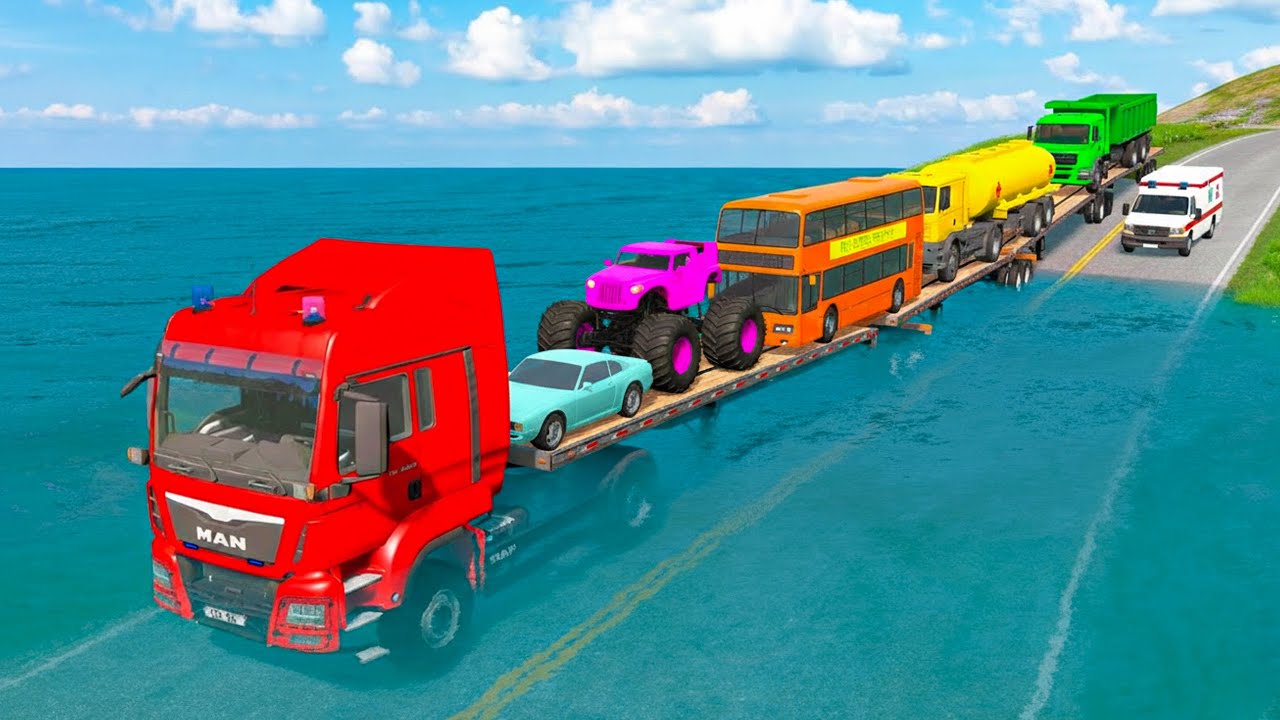 Triple Flatbed Trailer McQueen Transportation with Truck - Speedbumps vs Cars vs Train - BeamNG #002