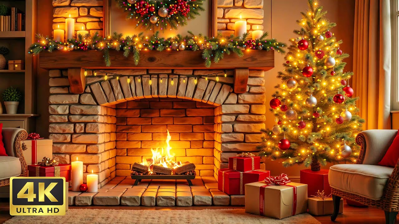 🔥🎄 4K Cozy Christmas Ambience 🎁 Relaxing Christmas Music with Crackling ...
