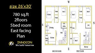 780 sq.ft | 26 x 30 | 2floors 5bhk | east facing | house plan