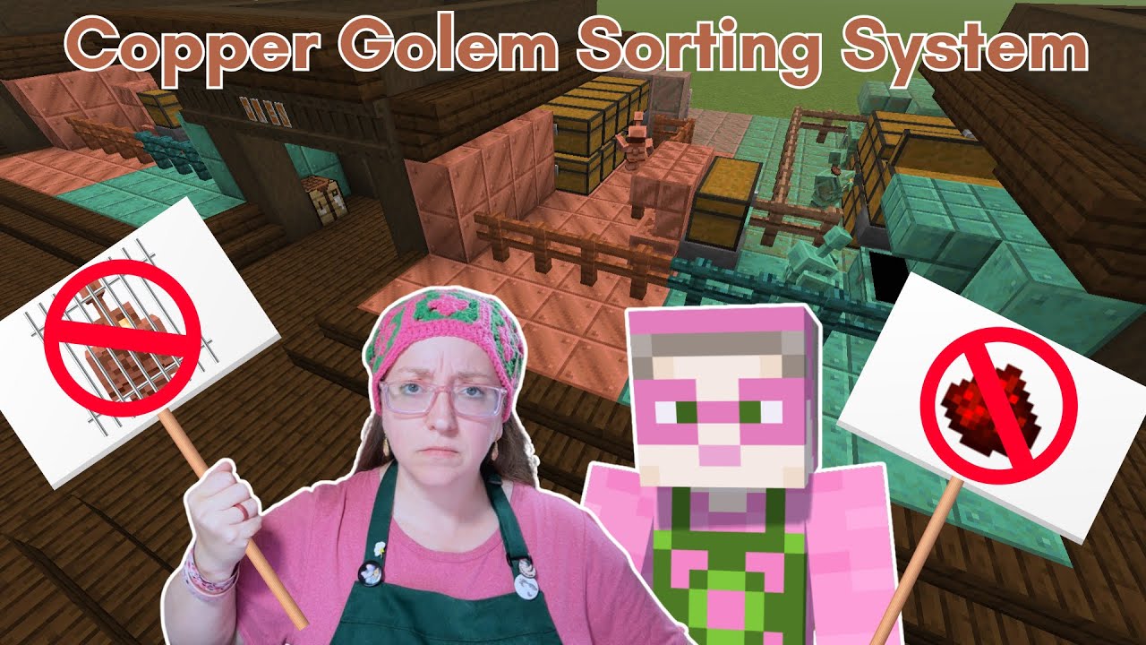 Simple copper golem sorting system - no redstone or golem imprisonment involved!
