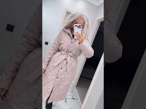 Жіноче зимове стьобане пальто з поясом і капюшоном, куртка довга тепла зима, розміри S, M, L, видео 3