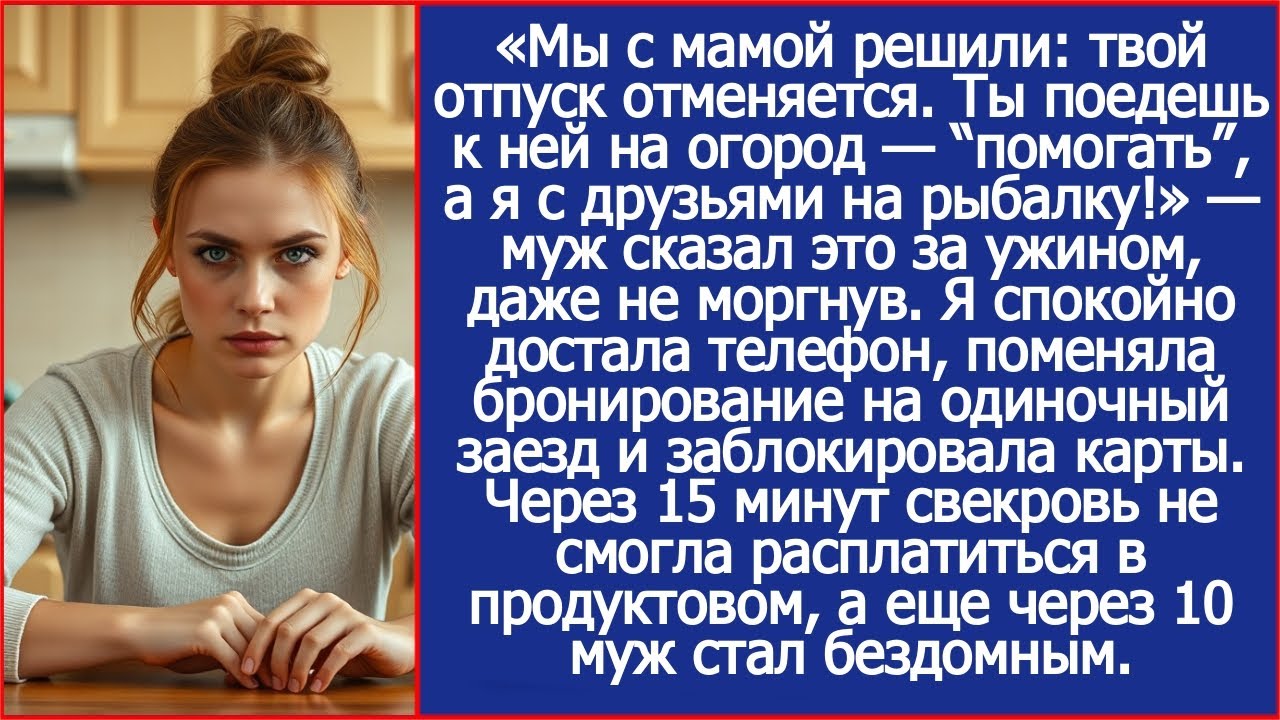 Мы с мамой решили: твой отпуск отменяется. Ты поедешь к ней на огород помогать. А я на рыбалку!