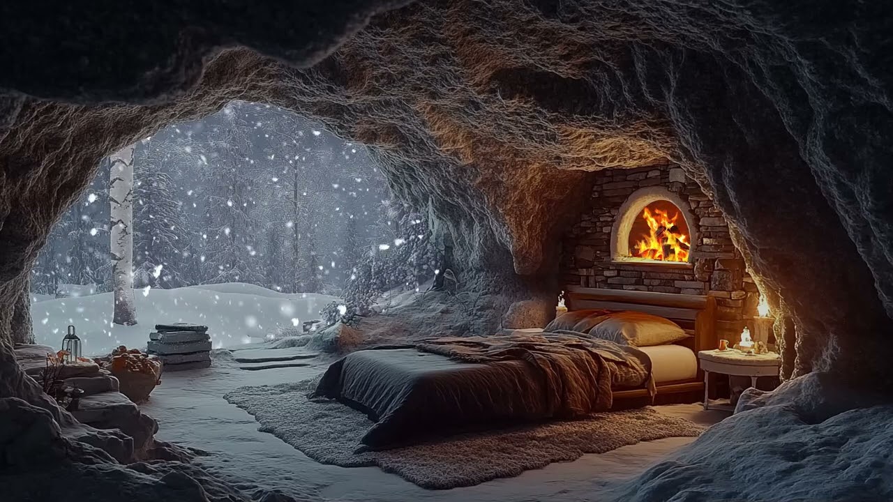 Snowstorm Winds and Crackling Fireplace in a Cozy Cave for Relax Sleep and Study