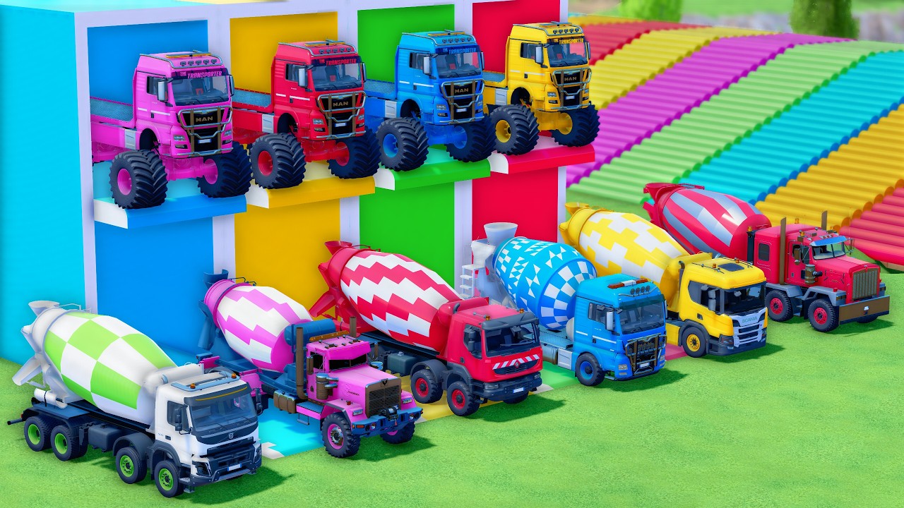 MONSTER FLATBED TRUCK LONG CONVOY TRANSPORT OF COLORS - ALL  MIXER TRUCKS, SCANIA, MAN, MACK ! FS25