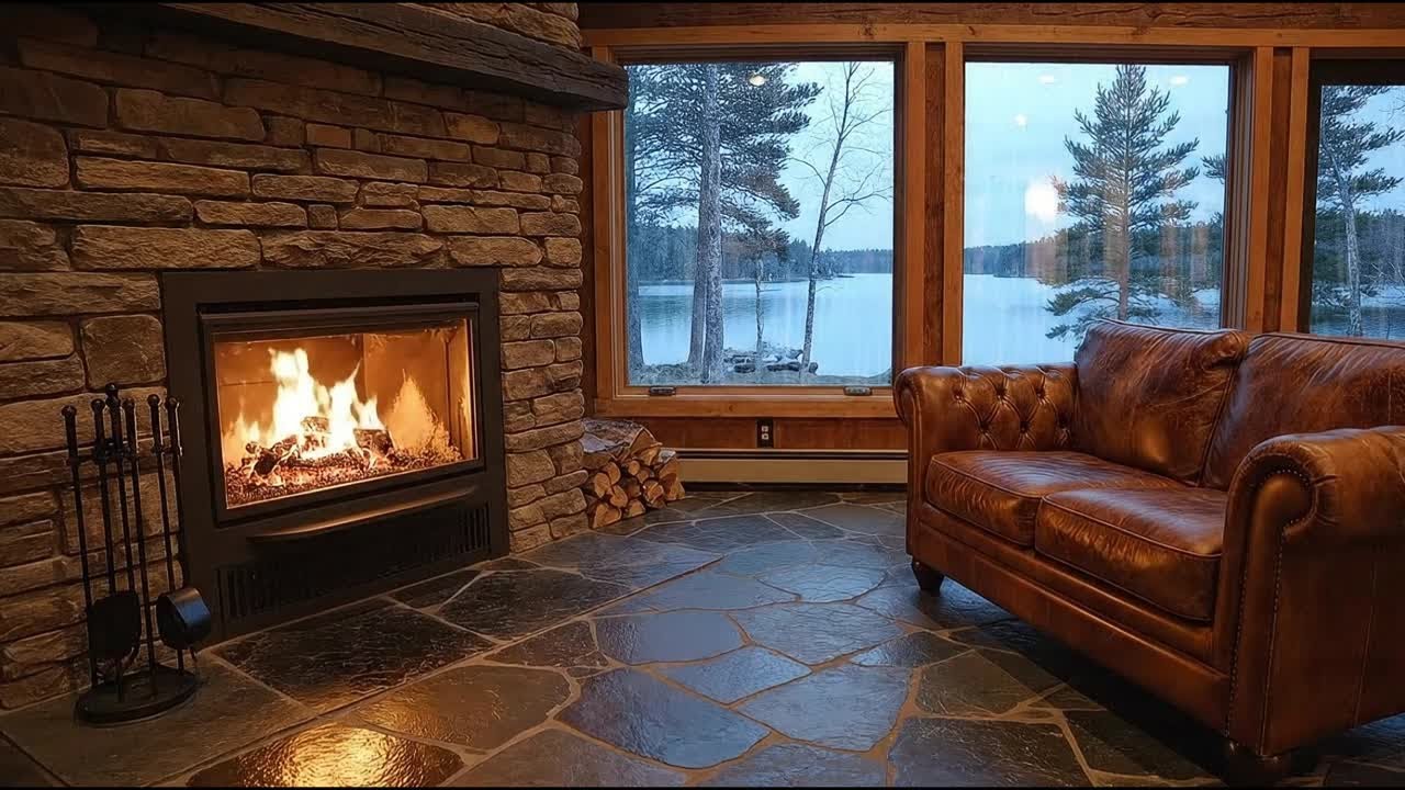 Cozy Fireplace Ambience: Winter Lake View & Crackling Fire Sounds for Deep Sleep 🔥🪵❄️