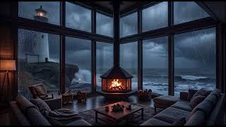 Cozy Lighthouse Living Room & Heavy Rain | 3 Hours Realistc Fireplace & Dark Ocean Waves