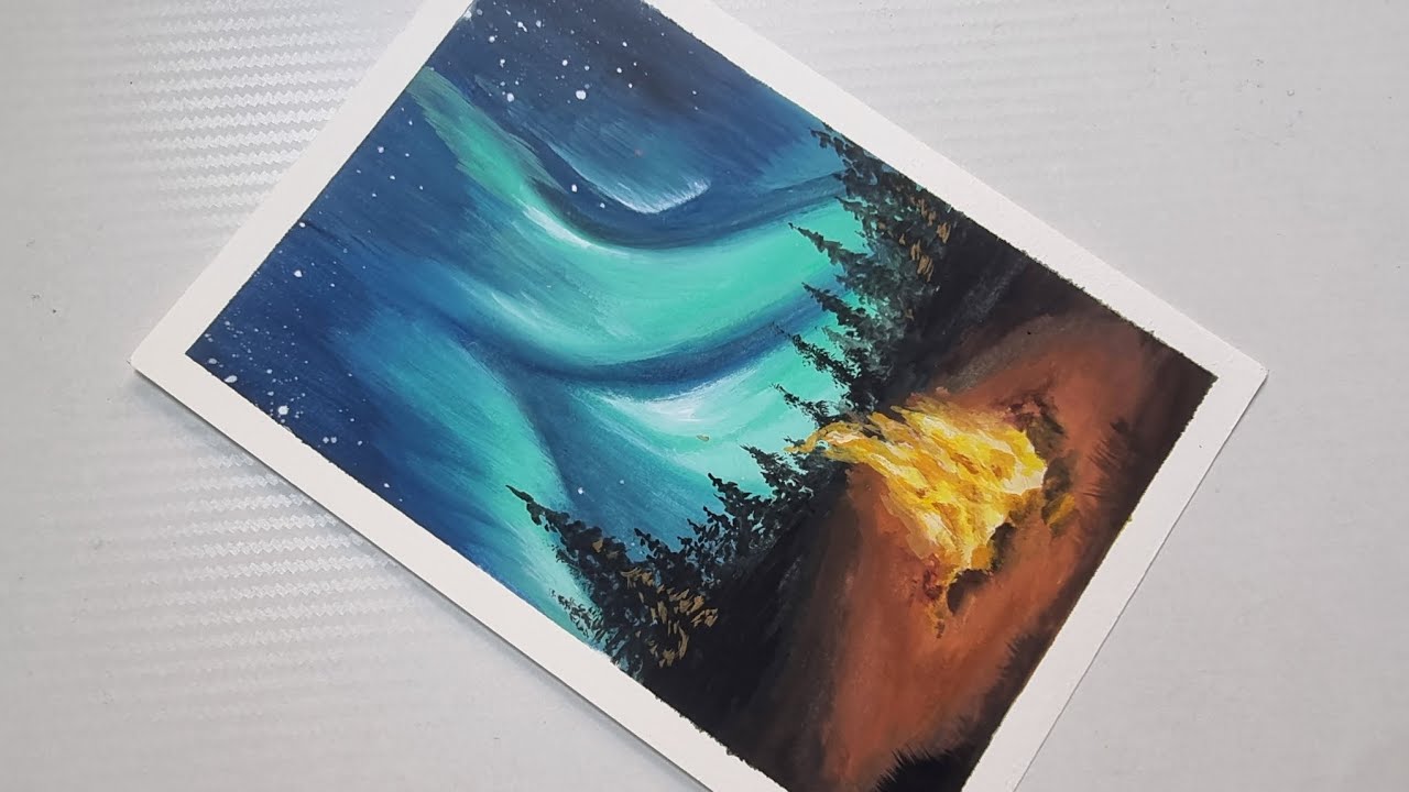 How to Paint Aurora Borealis and Campfire with Gouache | Step by Step Tutorial | Gambar Aurora