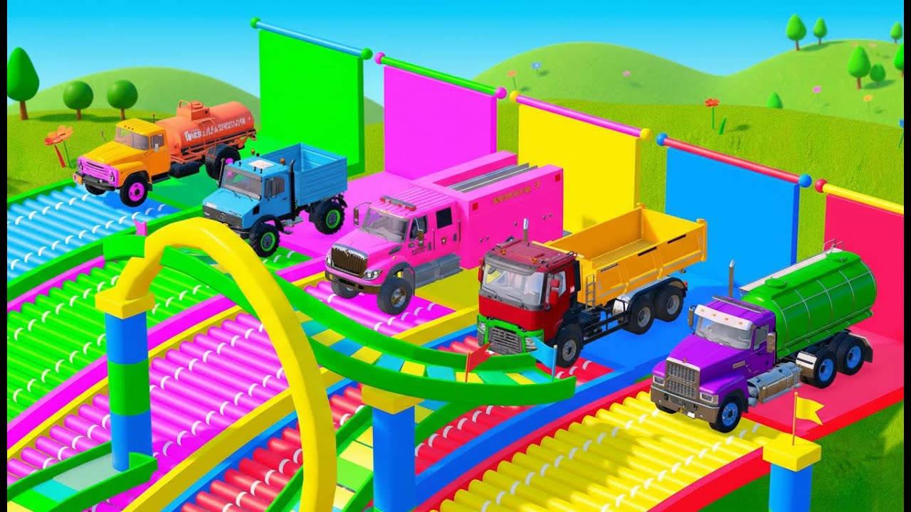 TRANSPORTING CARS, AMBULANCE, POLICE CARS, FIRE TRUCK OF COLORS! WITH TRUCKS! - FS 22