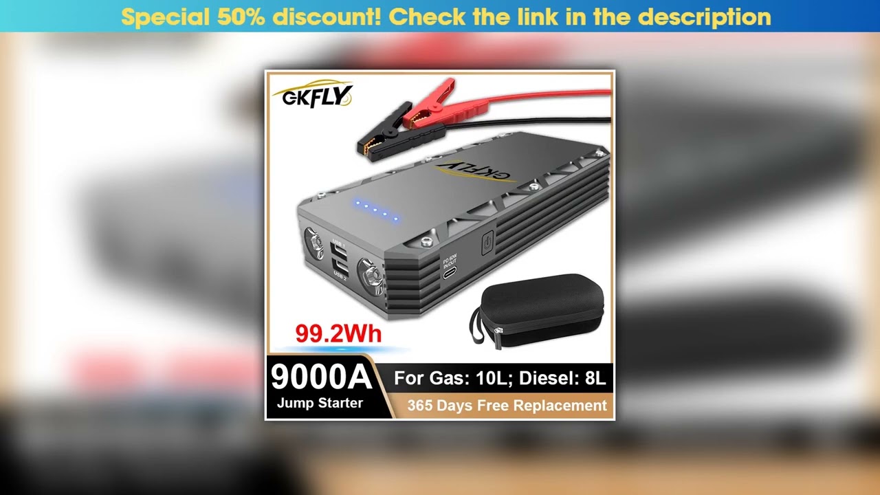 Get GKFLY 9000A Car Jump Starter 99.2Wh Portable Power Bank Emergency Car Battery Booster Starting•