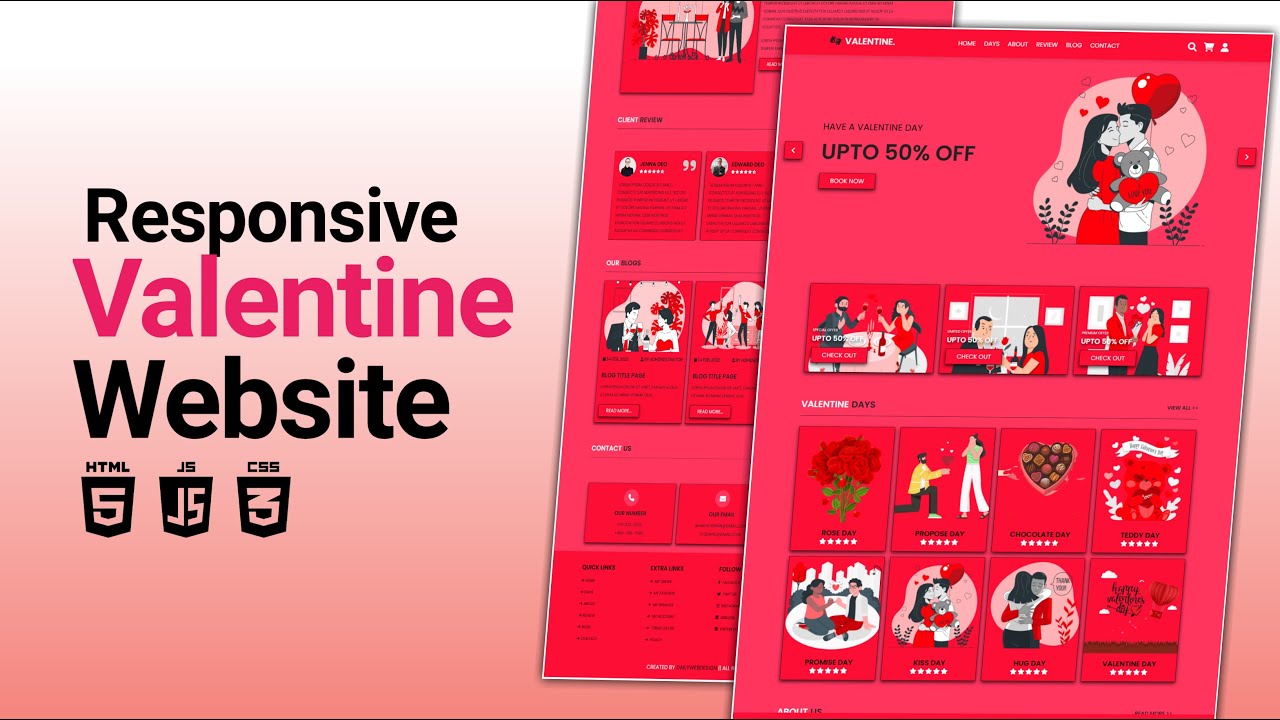 how to create complete responsive valentine website design using html css and  javascript.