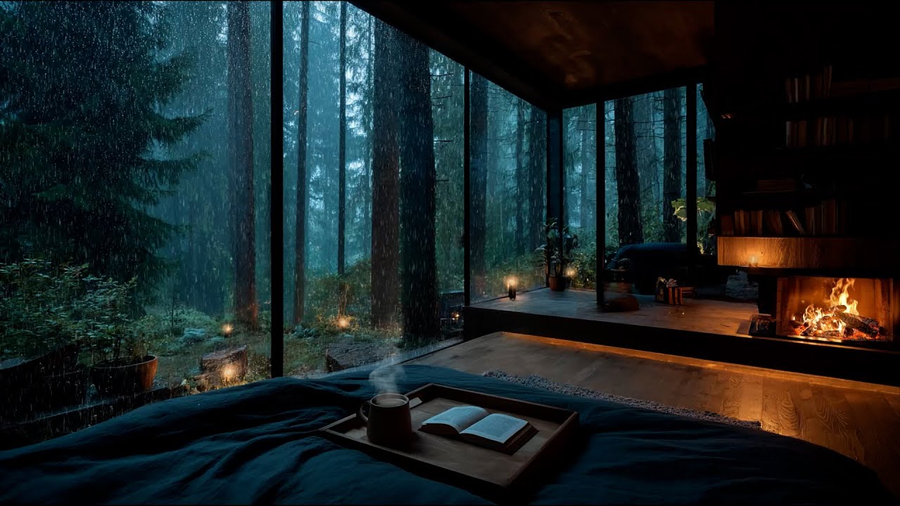 3 часа звуков дождя ночью 🌧️ Камин и музыка для сна