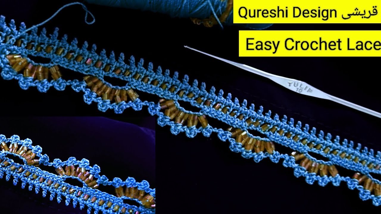 Easy Crochet Dupatta Lace 💛 Irani Balochi Qureshi | Beginners Crochet | Beads Work @faridacrochet