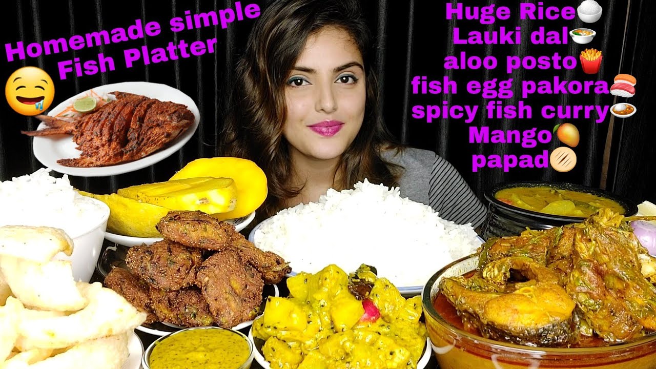 Eating Huge Homemade Food - dal chawal,sabji,fish egg pakore,spicy fish curry, papad,mango,BIG BITES