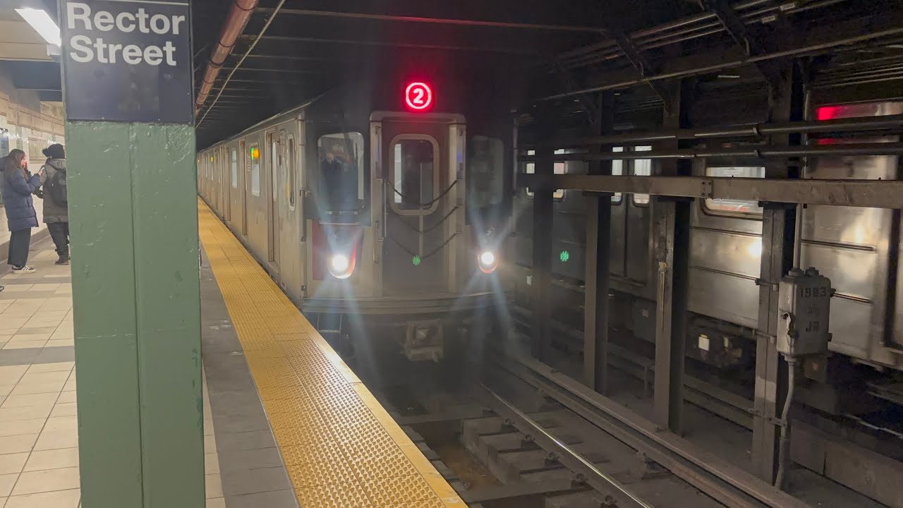 MTA NYC Subway: R62A/R142 1 and 2 trains at Rector Street (IRT 7th Avenue Line