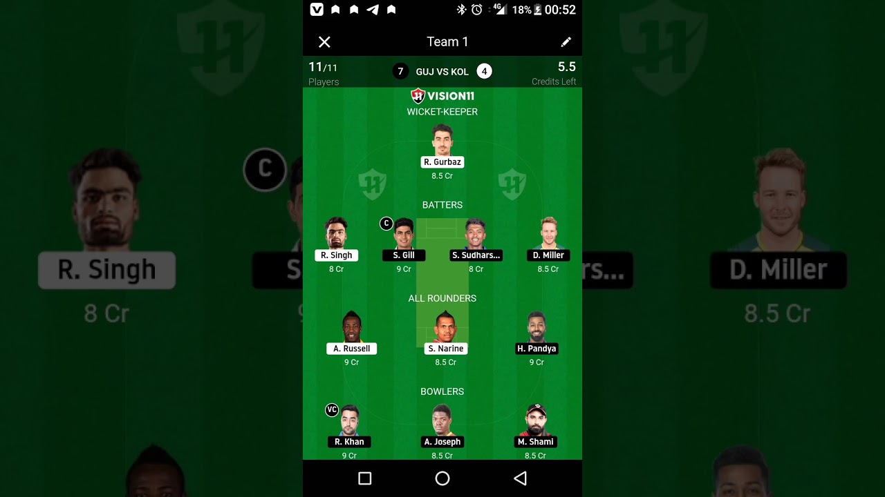 GUJ vs KOL TODAY DREAM 11 CRICKET TEAM AND SUBSCRIBE THE CHANNEL 🏏🏏🏏🏏